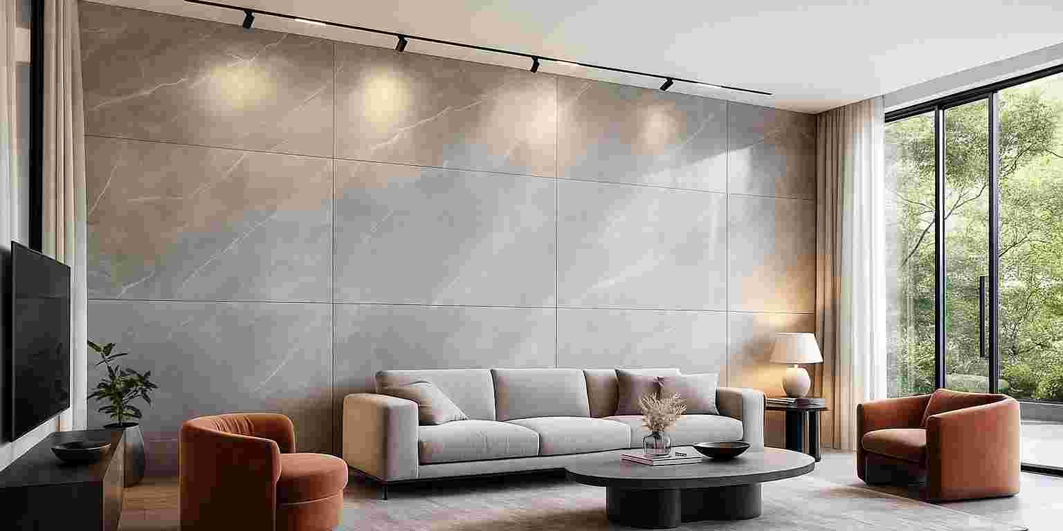 Modern living room with a large XXL tile feature wall, minimalist décor and natural light.