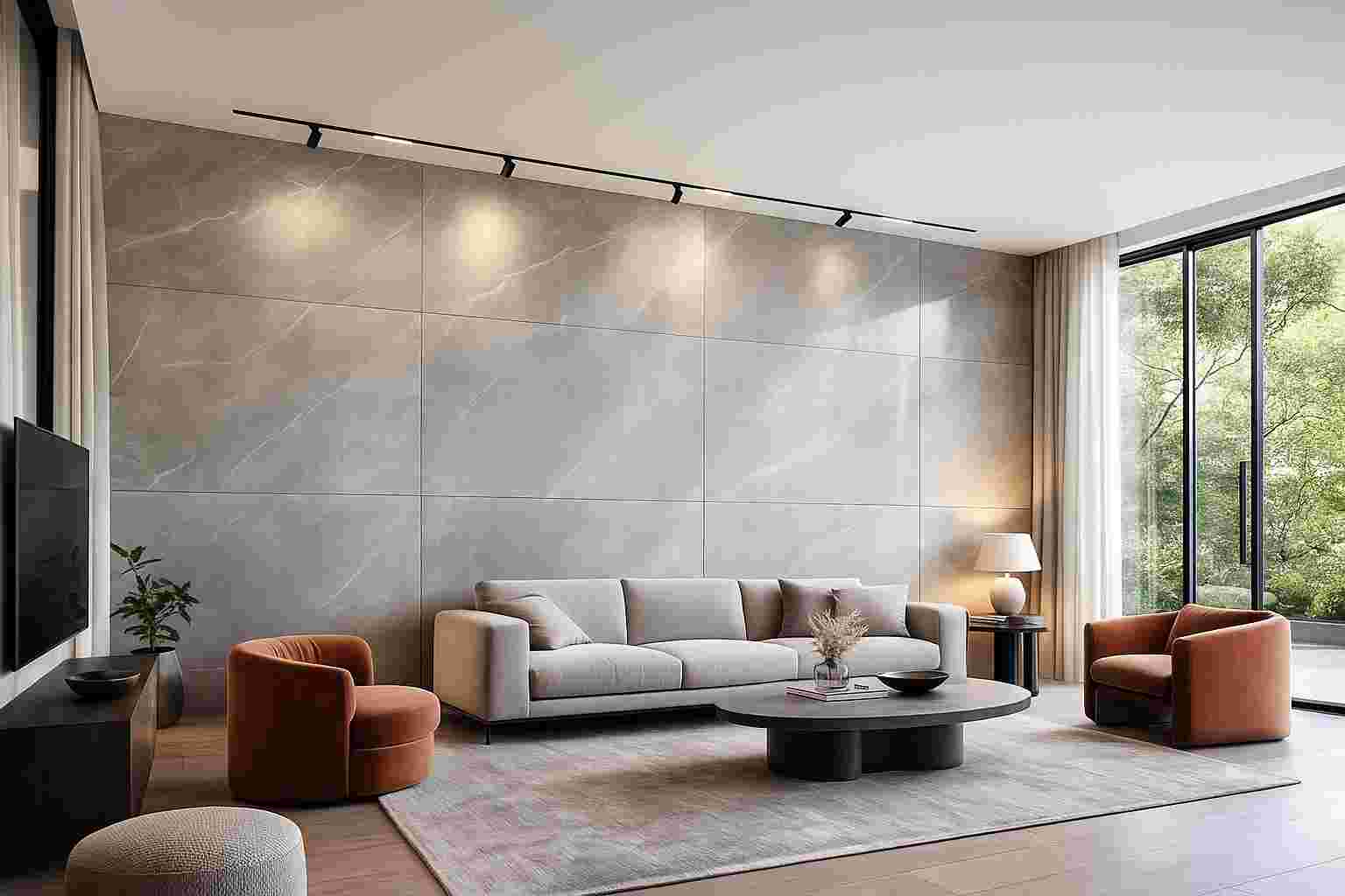 livingroom_xxl_low Modern living room with a large XXL tile feature wall, minimalist décor and natural light.