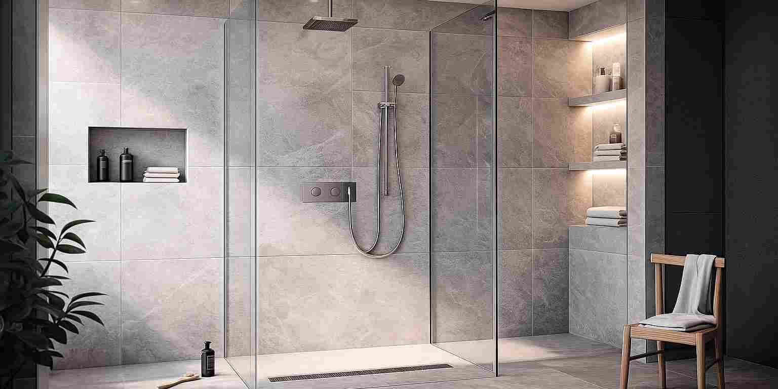 walkin_shower_lowfilesize Moderne Walk-In-Dusche mit großformatigen grauen Fliesen, bodenebener Glaswand, Regendusche und integrierten Ablagen in einem minimalistischen Badezimmer