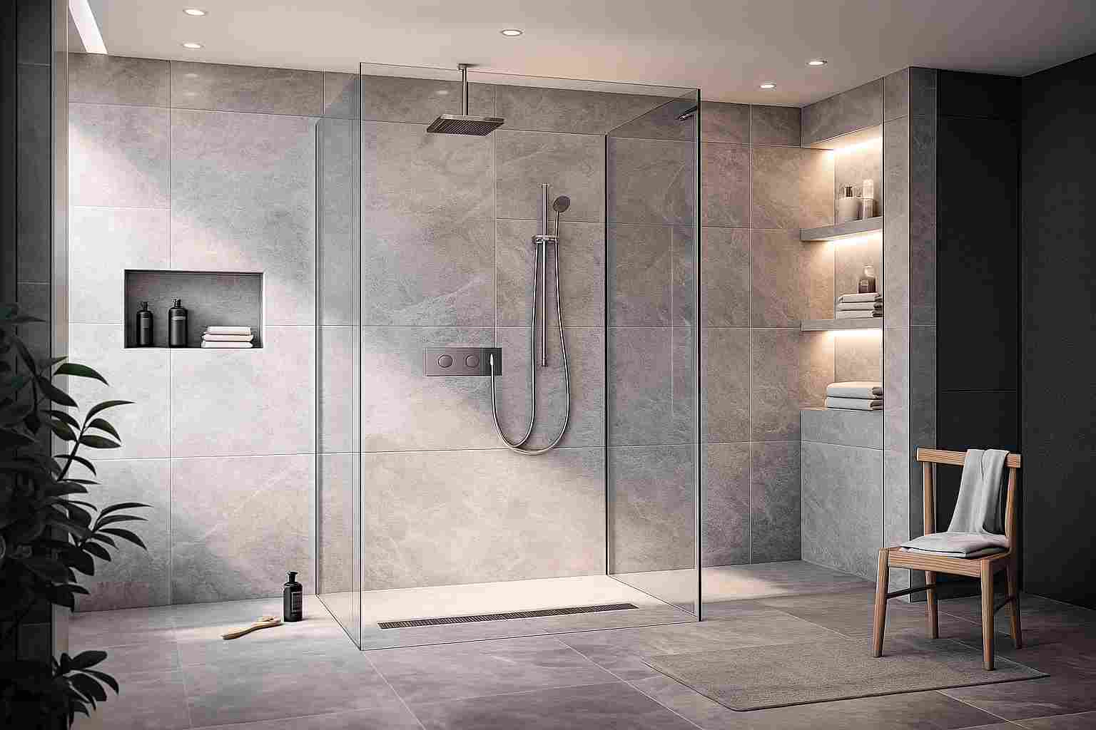 walkin_shower_lowfilesize Moderne Walk-In-Dusche mit großformatigen grauen Fliesen, bodenebener Glaswand, Regendusche und integrierten Ablagen in einem minimalistischen Badezimmer